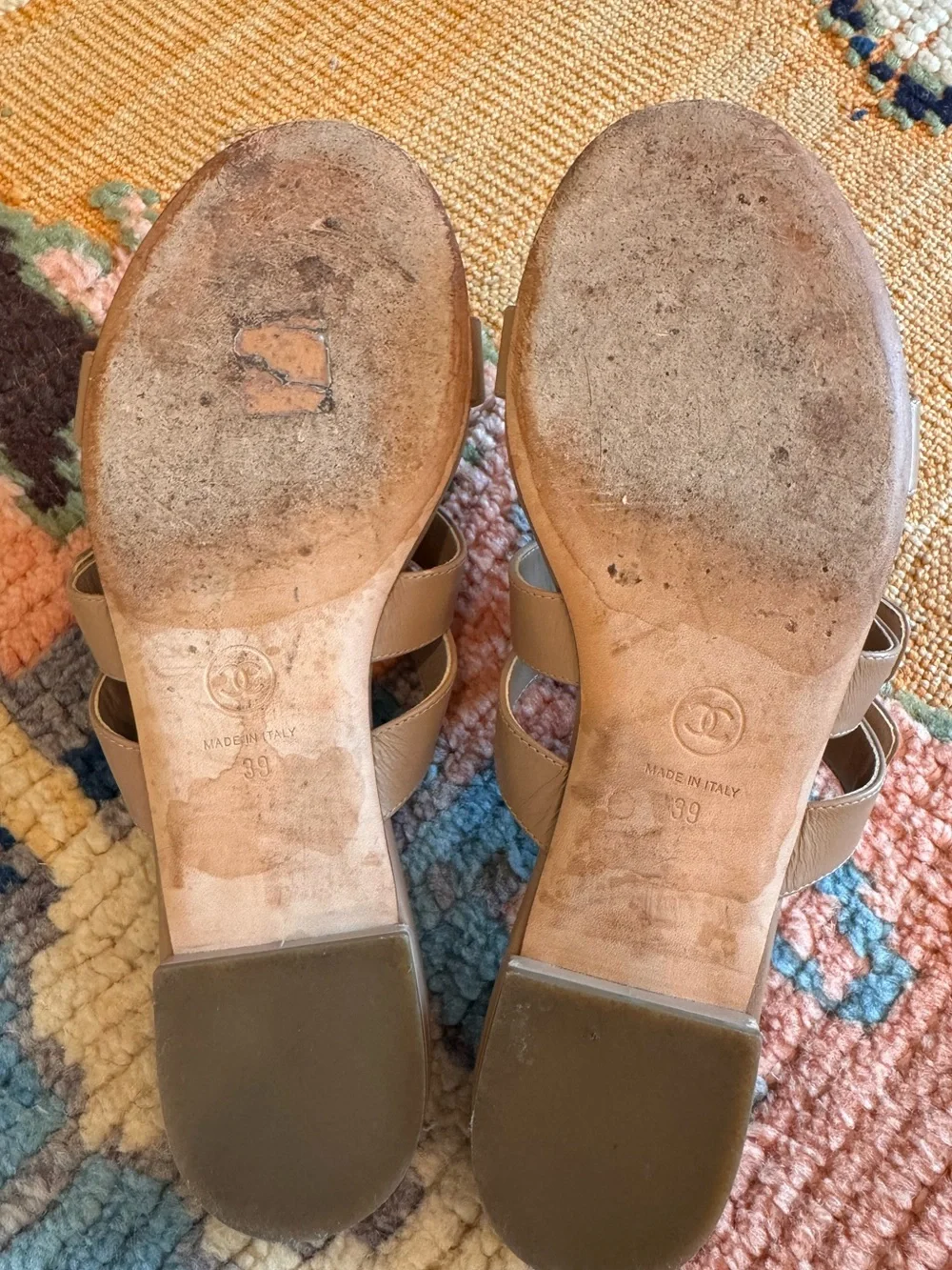 CHANEL Tan Leather Double-Strap Slide Sandals with Gold CC Accents